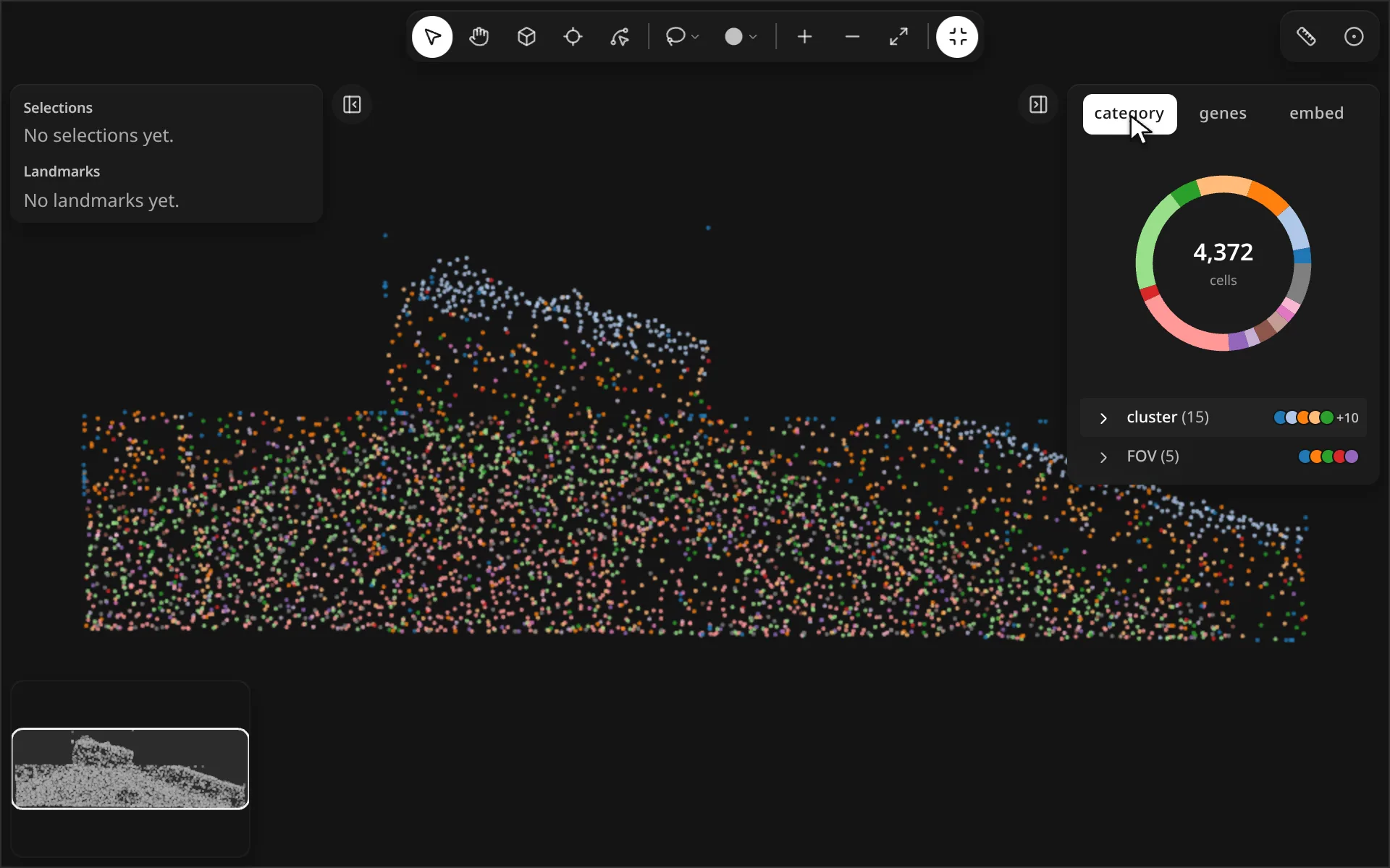 The color panel switches from category to genes to embed, and the map recolors each time.