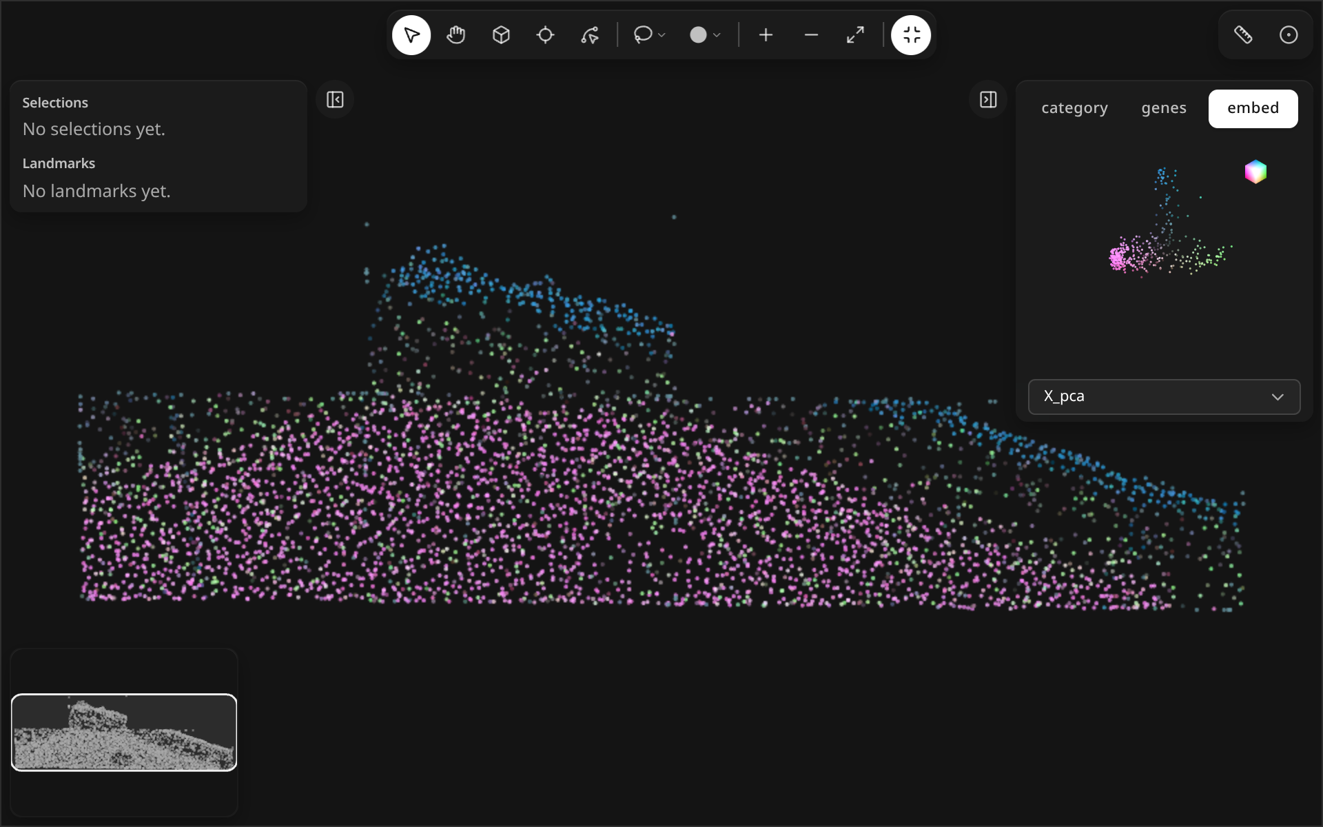 The embed tab showing an RGB-cube legend and the embedding dropdown, with cells colored by their embedding.