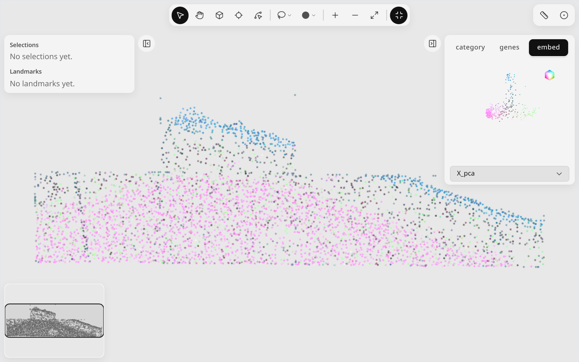 The embed tab showing an RGB-cube legend and the embedding dropdown, with cells colored by their embedding.