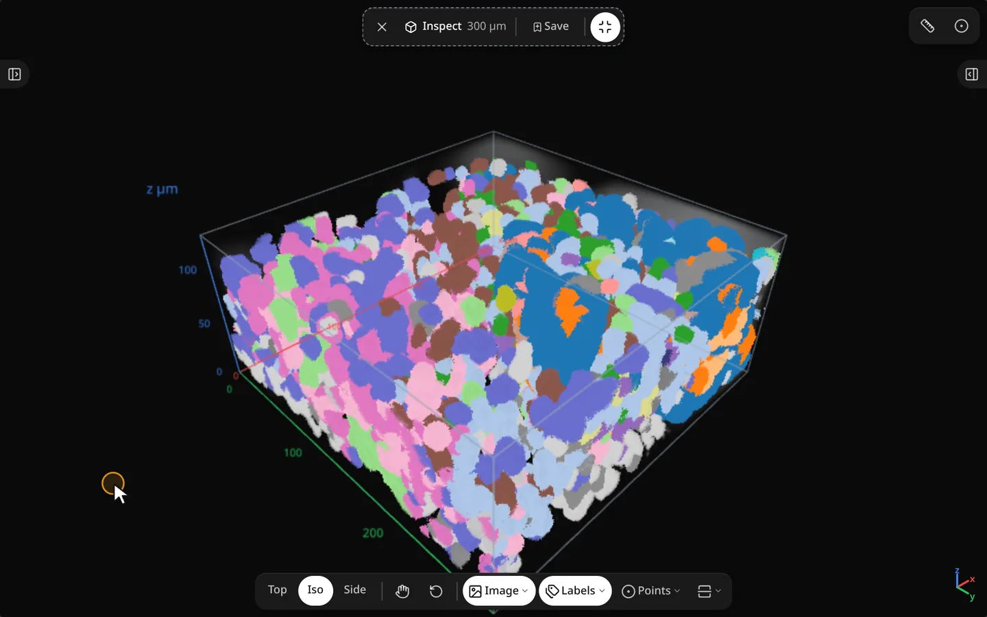 A 3D cube of the tissue volume, with the image and cell labels layered on, swings about 112° and back as the pointer drags the camera.