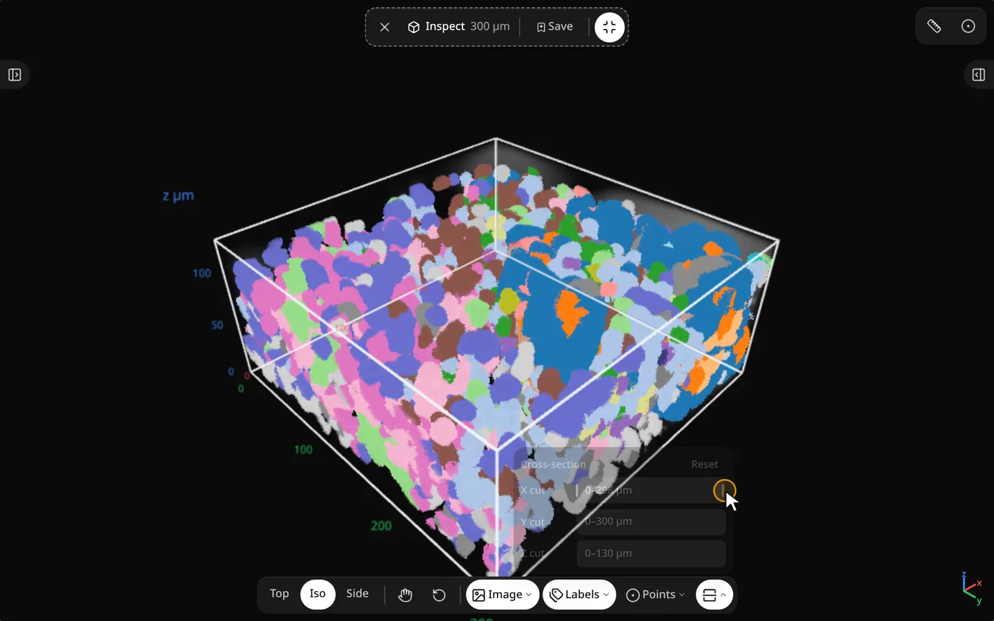The pointer drags the cut slider: a cross-section plane sweeps through the cube and back; cell outlines stay visible on the cut.