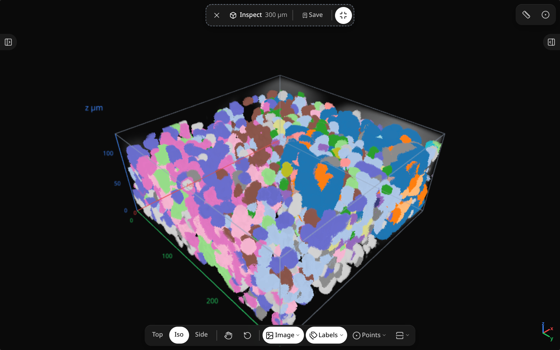 The Inspect cube open: the top pill shows Exit, Inspect with the window size in µm, Save window, and full screen; the bottom toolbar has camera presets and layer toggles.