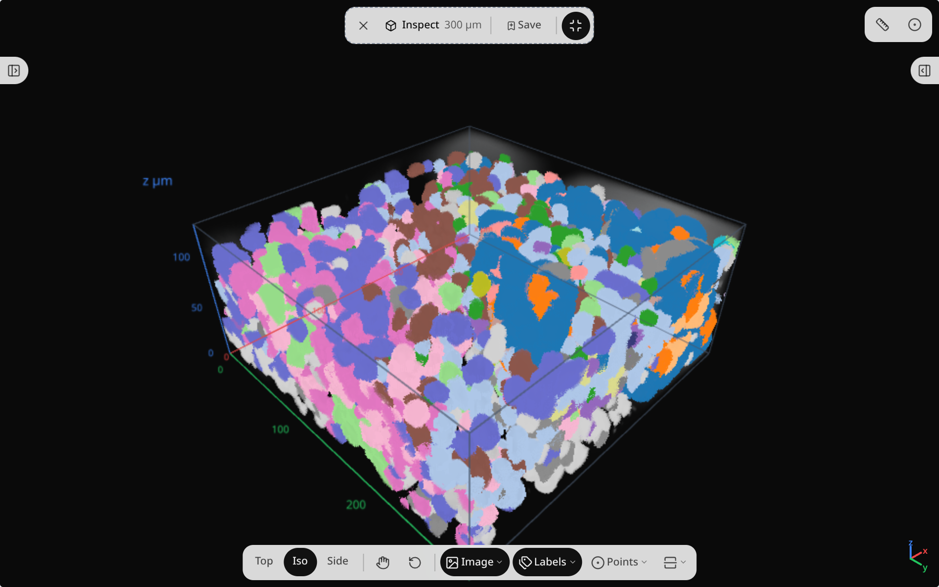 The Inspect cube open: the top pill shows Exit, Inspect with the window size in µm, Save window, and full screen; the bottom toolbar has camera presets and layer toggles.
