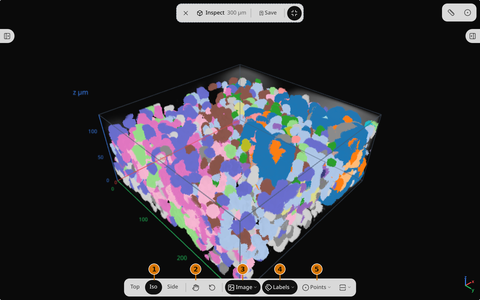 The Inspect toolbar under the cube. Amber callouts: 1 camera Top / Iso / Side, 2 Move and Reset view, 3 Image, 4 Labels, 5 Points (Cross-section sits to their right).