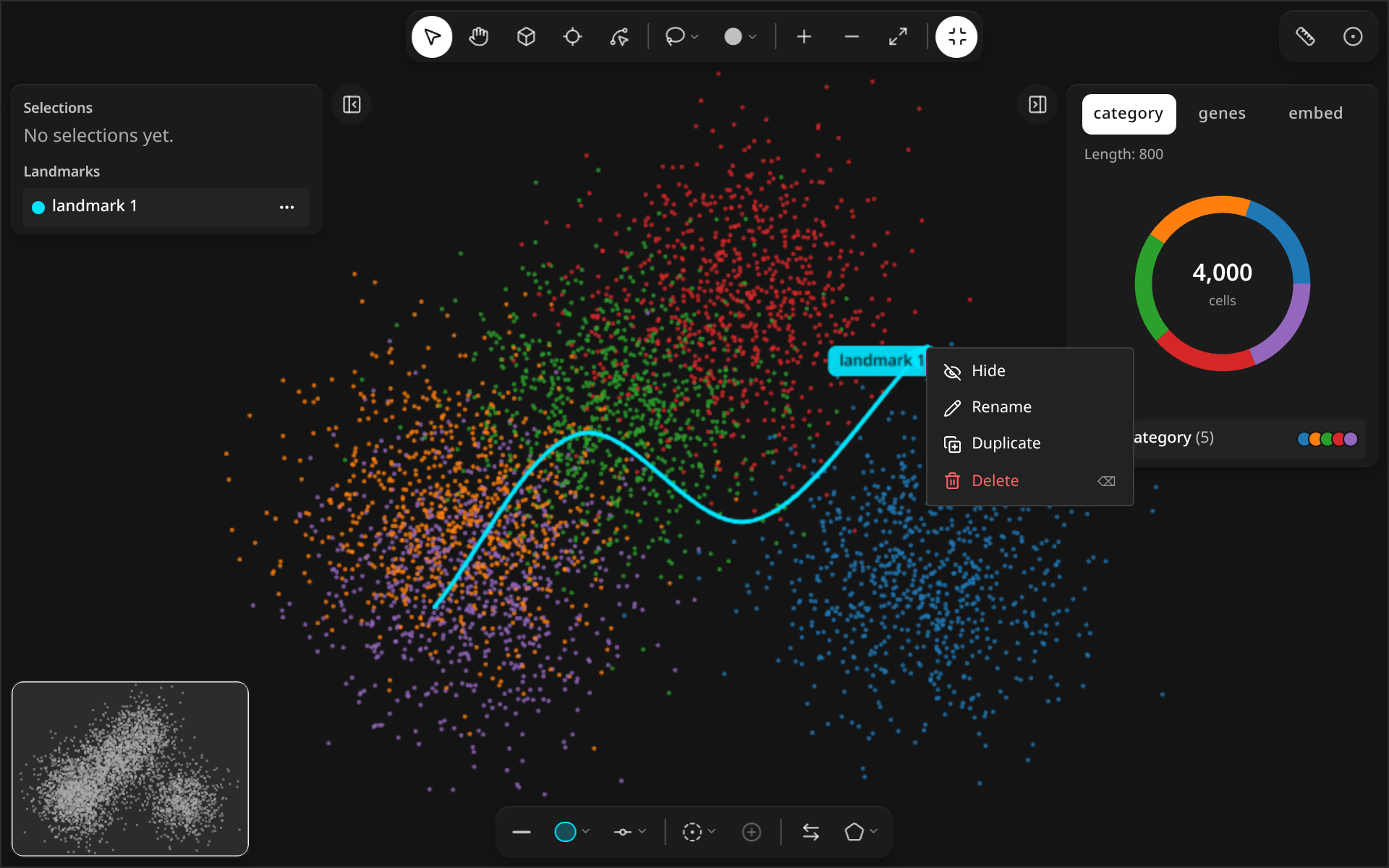 Right-click menu on a spline landmark with Hide, Rename, Duplicate and Delete.