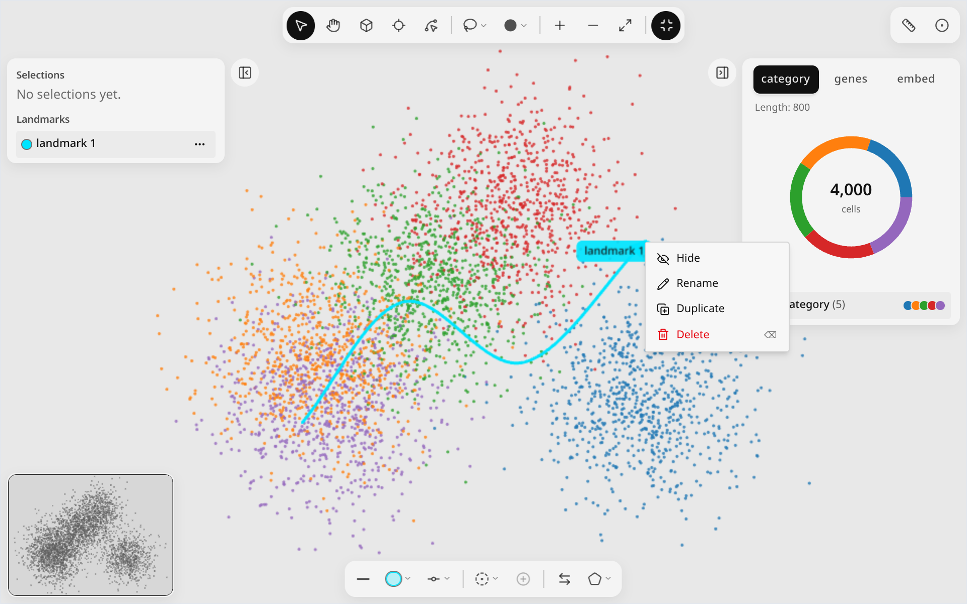 Right-click menu on a spline landmark with Hide, Rename, Duplicate and Delete.