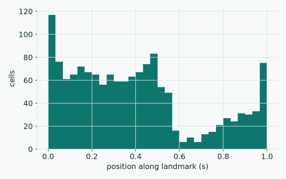 Histogram of cell counts against position along the landmark, from 0 to 1.