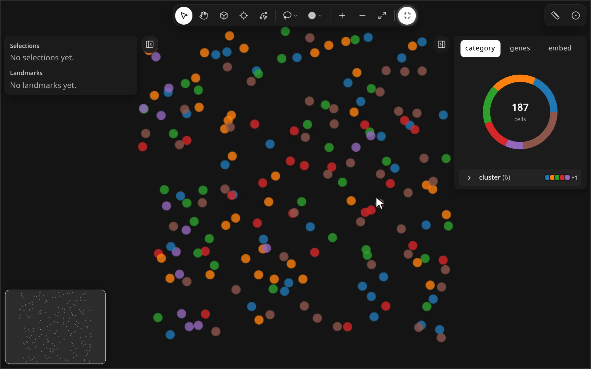A lasso is drawn around a group of cells; the cells inside stay bright, a selection row appears in the layers list, then the selection is removed.