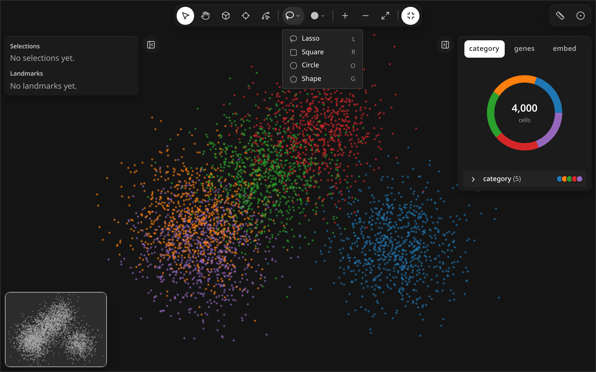 The selection tool button right-clicked, showing a menu with Lasso, Square, Circle and Shape, each with its icon.